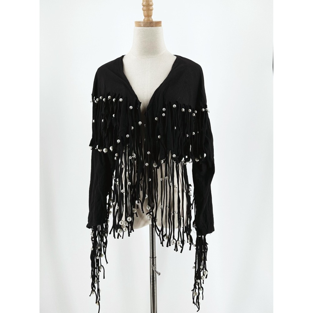 Jou Jou Fringe Crop Bolero Jacket Small 90s Biker Boho Chic Festival Artsy Wacky